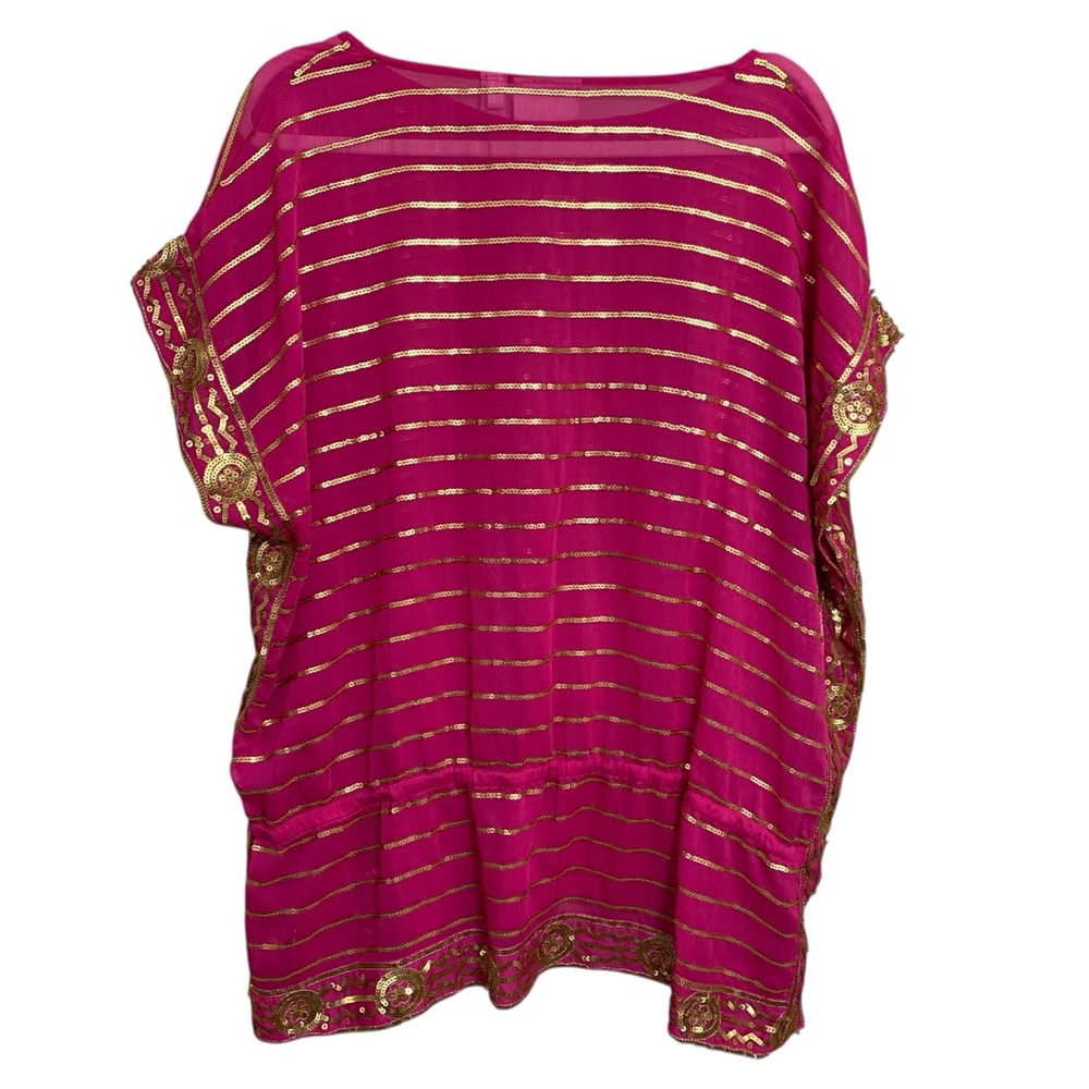 PLUS Chico’s Pink & Gold Semi Sheer Sequin Stripes Medallion Blouse Size 20 - Picture 7 of 8